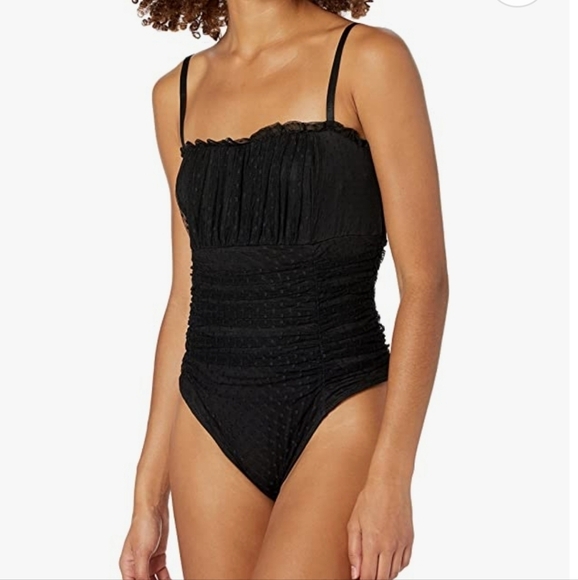 NWT BCBGMAXAZRIA BLACK TULLE BODYSUIT W/ADJUSTABLE STRAPS &SNAPS IN CROTCH SZ LG - Picture 1 of 16